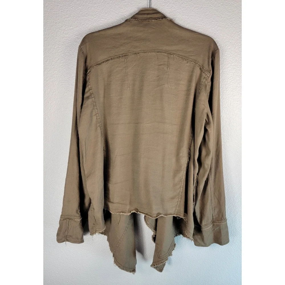 Free People Drape Front Raw Edge Linen Jacket Olive Taupe Large Boho